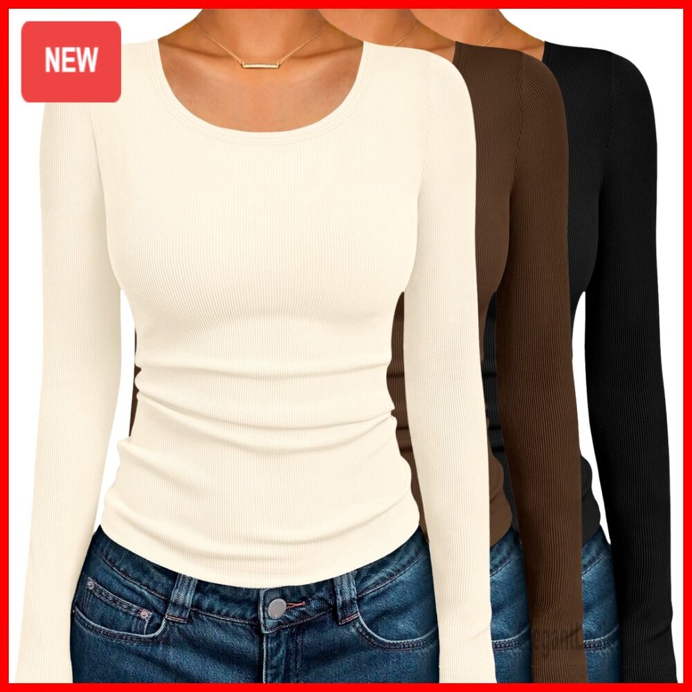 3-Pack Long Sleeve Scoop Neck Ribbed Tops Fitted Thermal Undershirt Xs-Xxl